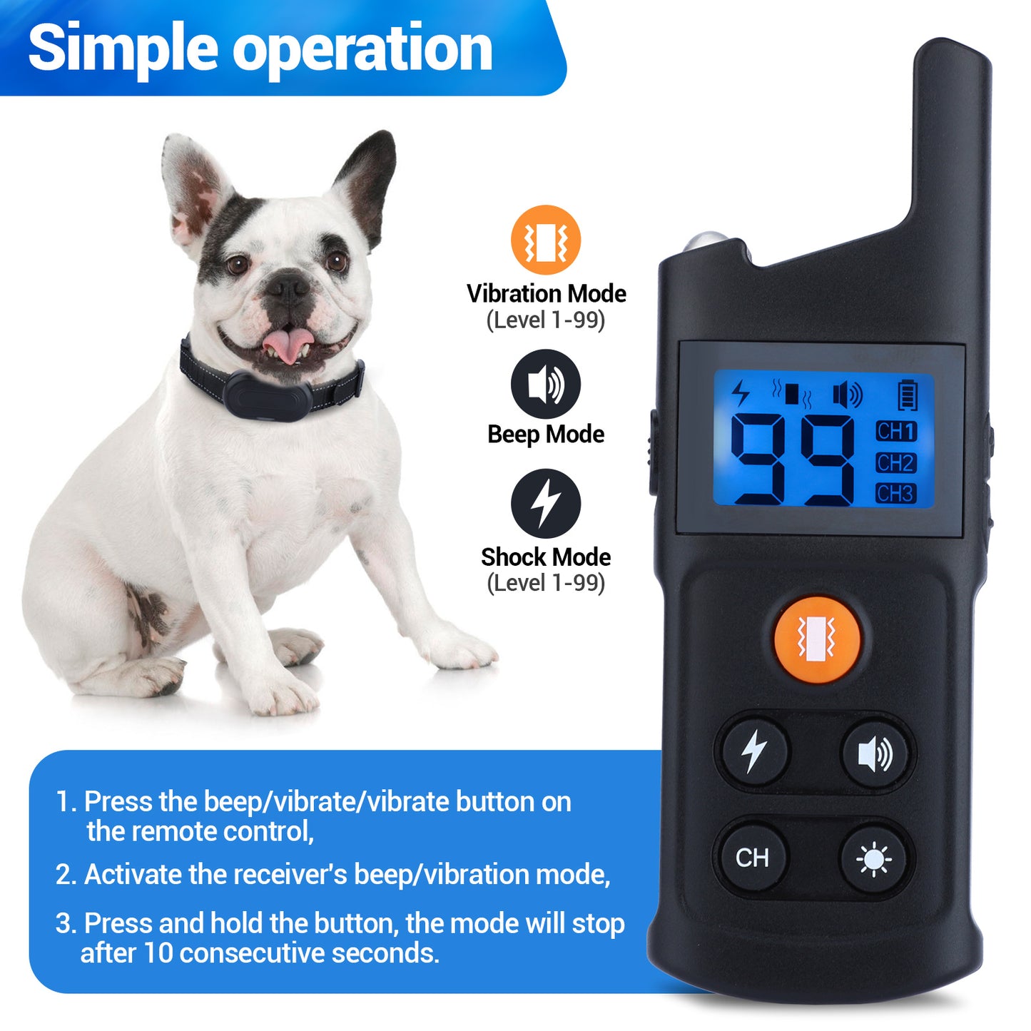 BNISE Dog Training Collar Rechargeable 3 Training Modes， Waterproof , 2600 feet Yard Remote Range Adjustable Shock Levels Dog Training Collar With Remote Correction Collar For Dog Training