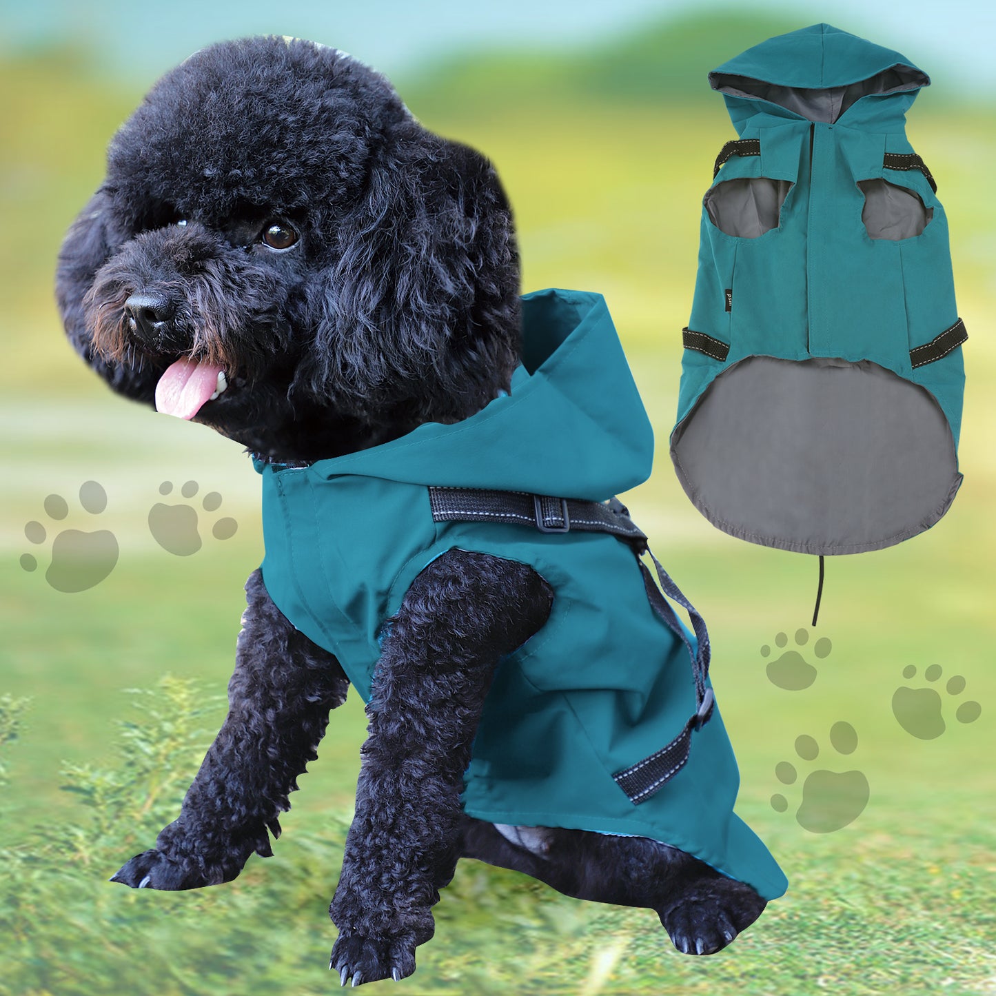 Small Dog Reflective Raincoat with Adjustable Harnesses, Waterproof Handsome Pet Clothes, Lightweight Hooded Leisure Raincoat for Puppies